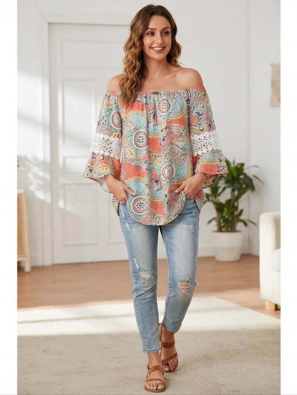 Win Win Boho Paisley Off-The-Shoulder Tunic Top with Crochet Lace Trim L-XL